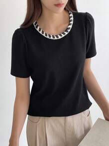 DAZY Color Block Round Neck Short Sleeve Women's T-Shirt With Faux Pocket Decoration