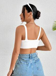SHEIN PETITE Solid Crop Ribbed Knit Top - White - View 2