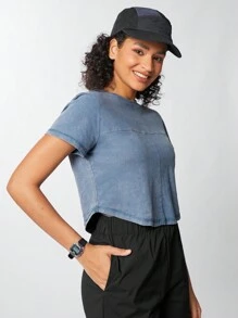 Gameset SHEIN Sport تي شيرت نسائي بأكمام قصيرة ولون سادة للإستخدام اليومي - أزرق غامق - مشاهدة 9