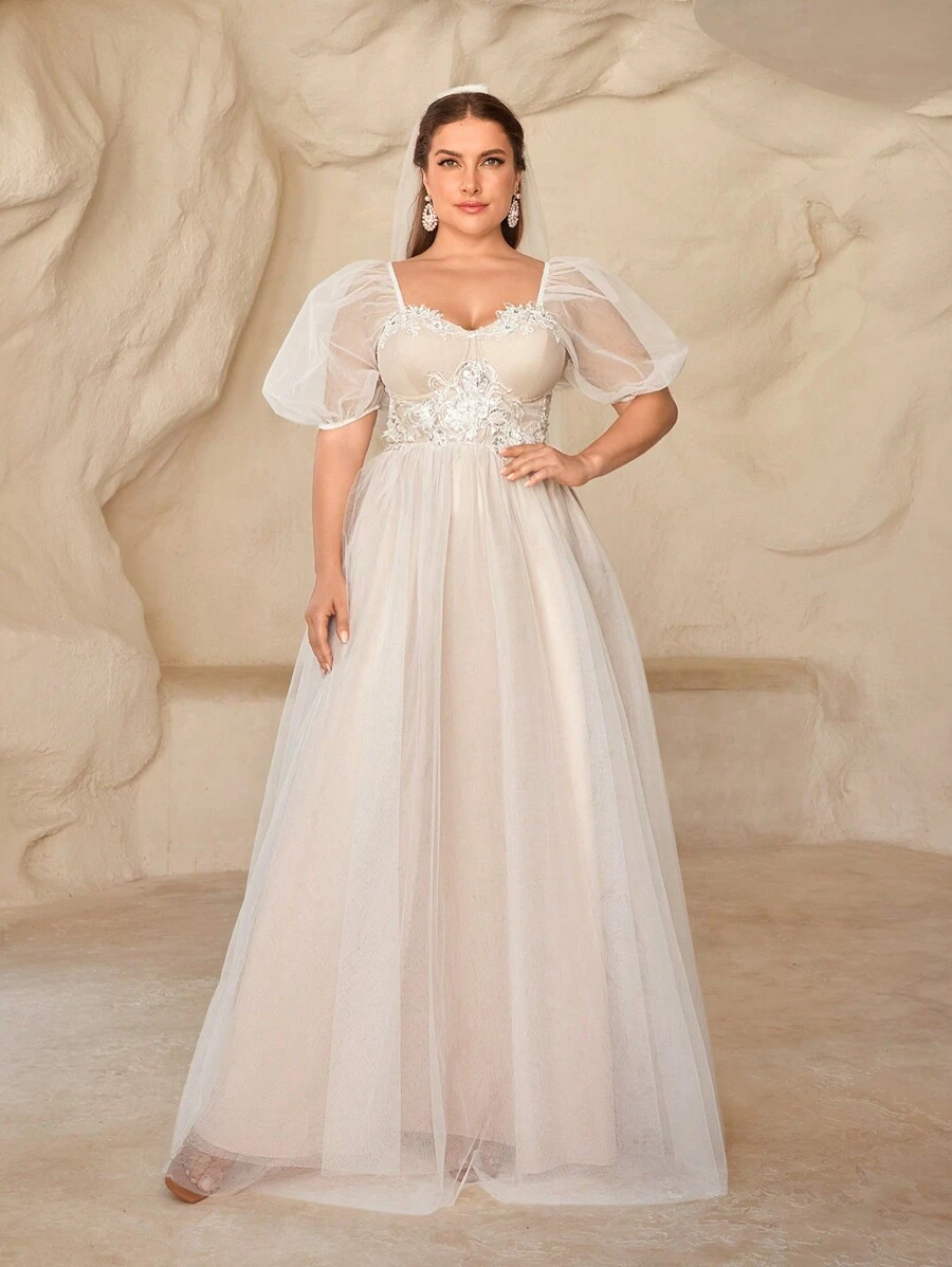 Váy công chúa màu trắng cỡ lớn có cổ vuông xuyên thấu, tay áo bong bóng, phong cách cung đình, đính cườm thủ công, hoa 3D, váy cưới thanh lịch, sang trọng, duyên dáng & đơn giản - trắng - Xem 1