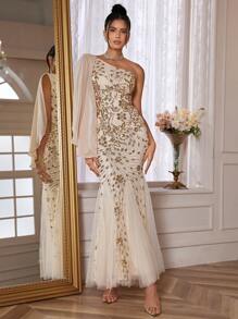 One-Shoulder Sequined Fish-Tail Long Party Evening Dress - Gold - View 5