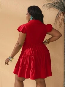 Slaydiva Plus Size Yellow Shirt-Style Summer Dress - Red - View 2