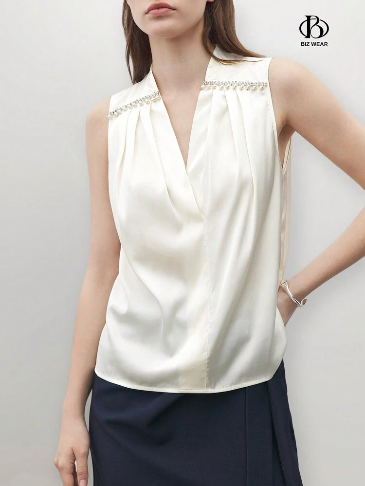 Women's Elegant Sleeveless Draped Collar Work And Festival Shirt