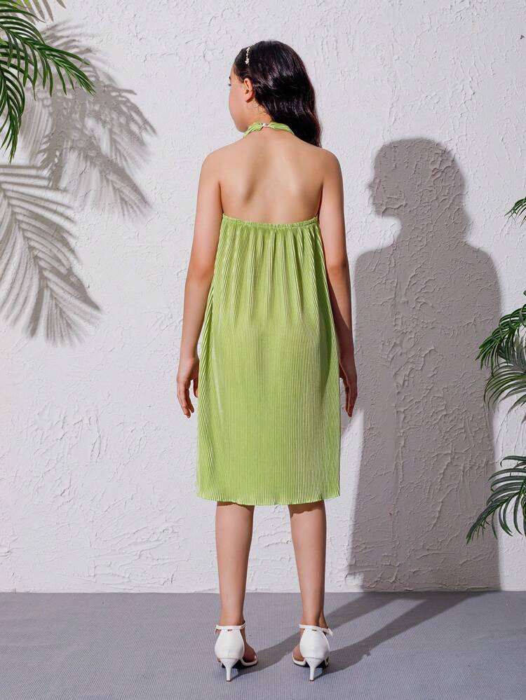 Tween Girl Summer Solid Color Backless Halter Neck Dress