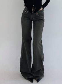 DAZY 女士时尚喇叭牛仔裤，带口袋，休闲纽扣、口袋、拉链低腰直筒长款深色水洗棉质宽松修身牛仔裤，适合春秋季日常休闲穿着，低腰牛仔裤 - 深色水洗藍 - 查看 4