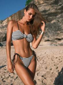 SHEIN Swim Conjunto de bikini con tanga lateral con lazos para mujer con rayas, traje de baño para playa en verano - Blanco y Negro - Ver 4