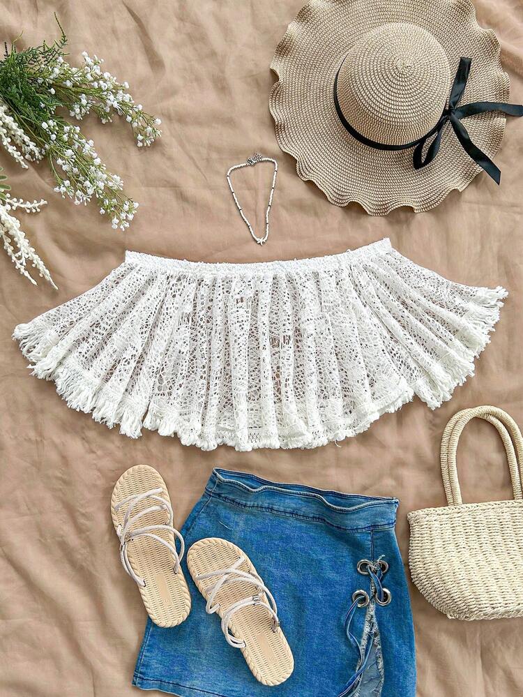 Women's Casual Off-Shoulder Fringed Patchwork Crochet Loose Blouse, Suitable For Beach, Party, Graduation, Bohemian Music Festival