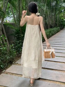 DAZY 女式不对称下摆夏季连衣裙，带吊带连衣裙舞会礼服 - 米色 - 查看 5