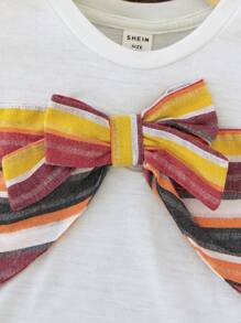 SHEIN Summer Baby Girl's Cute Vacation Knit Striped Short Sleeve T-Shirt With Bowknot, Elastic Waist Loose Pants Set