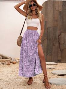 Breezaya Falda casual de vacaciones estampada floral con abertura en el muslo para el verano