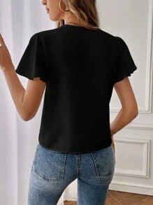 SHEIN Essnce Leisure & Work Commute Women's Summer Solid Color Notch V-Neck Ruffle Short Sleeve Shirt,Short Sleeve Tops - Black - View 2
