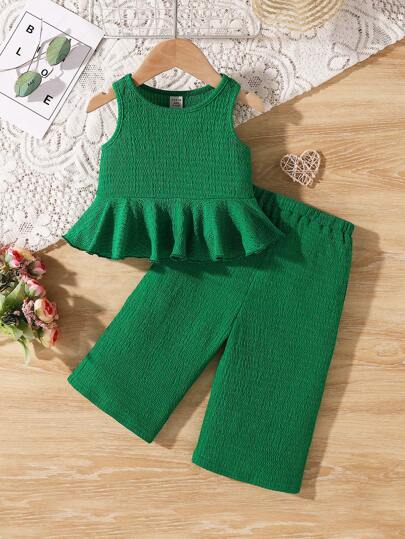 SHEIN LMoss Kids 寶寶女孩夏季可愛純色無袖上衣配鬆緊腰和鬆身褲套裝