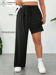 SHEIN CURVE+ Women's Plus Size Casual Outdoor Knitted High Waist Black Wide-Leg Pants