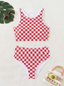 SHEIN Swim 女士夏季海灘綠色格紋圓領領綁頸比基尼套裝，隨機印花 - 紅白色 - 查看 4