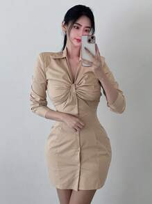 DAZY Vestido camisero de mujer de corte bajo y ajustado, vestido largo de manga larga para otoño