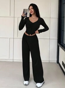 DAZY Bộ đồ mặc nhà mùa thu đông dành cho nữ, gồm áo ôm sát và quần lót giữ nhiệt. - màu đen - Xem 5