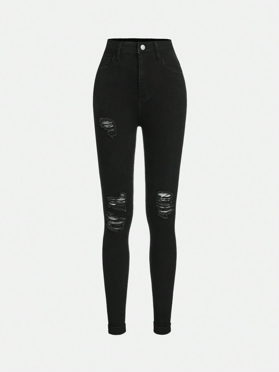 SHEIN Girlism Tween Girl Y2K 风格黑色紧身弹力街头时尚破洞不对称直筒牛仔裤