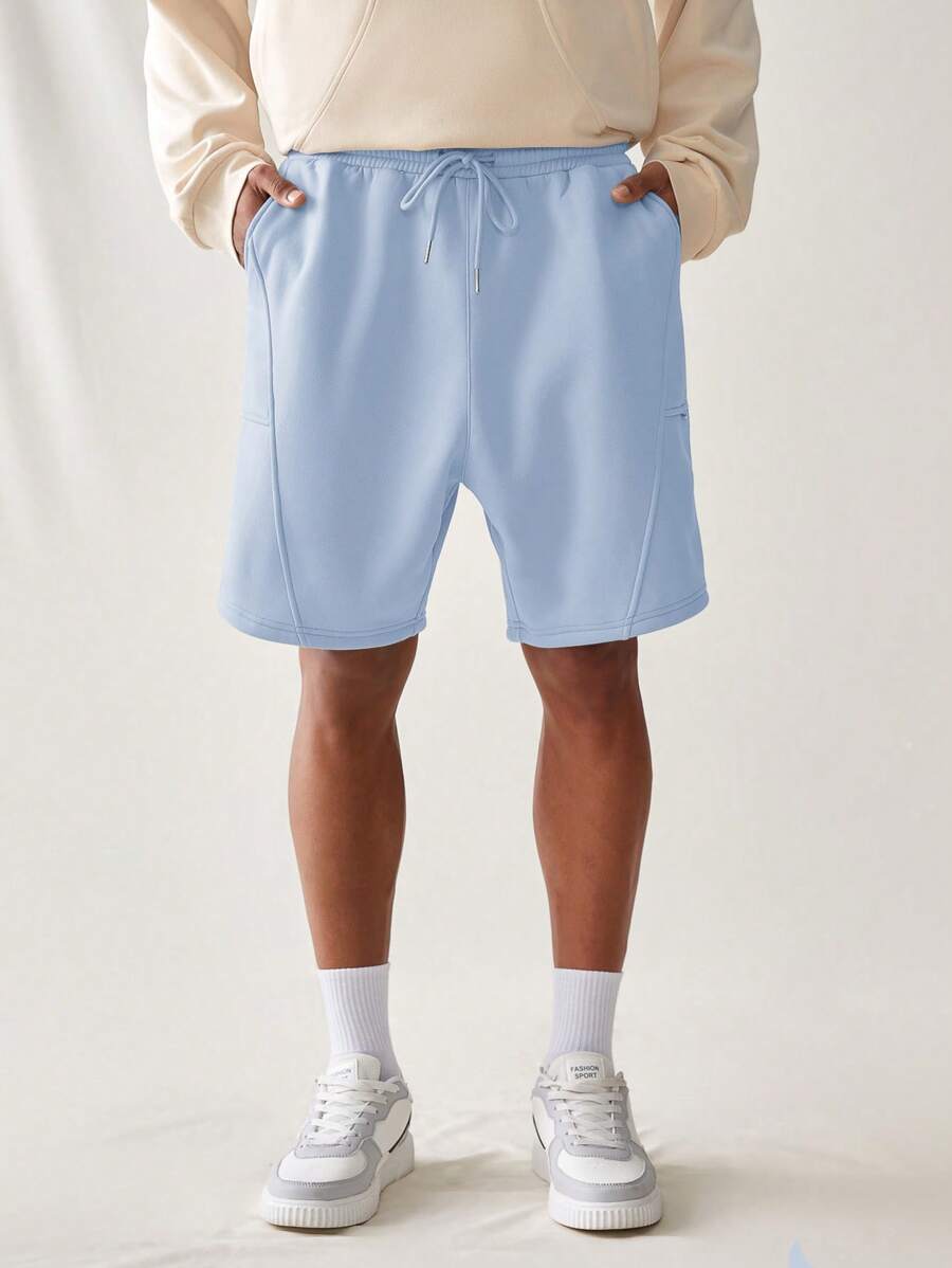 Manfinity VCAY 男款束口腰帶休閒寬松針織短褲，附帶口袋 - 藍色 - 查看 1