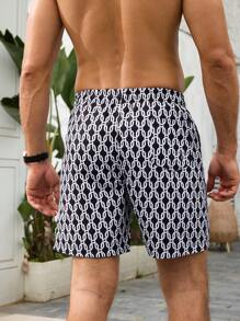 ResortEase Men's Vacation Elastic Waist Beach Shorts With Chain & Floral Pattern - Black - View 2
