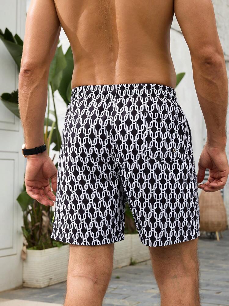 Men's Vacation Elastic Waist Beach Shorts With Chain & Floral Pattern