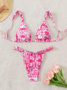 SHEIN Swim 女士夏季沙灘幾何圖案印花性感比基尼套裝，雙件套 - 玫紅色 - 查看 3