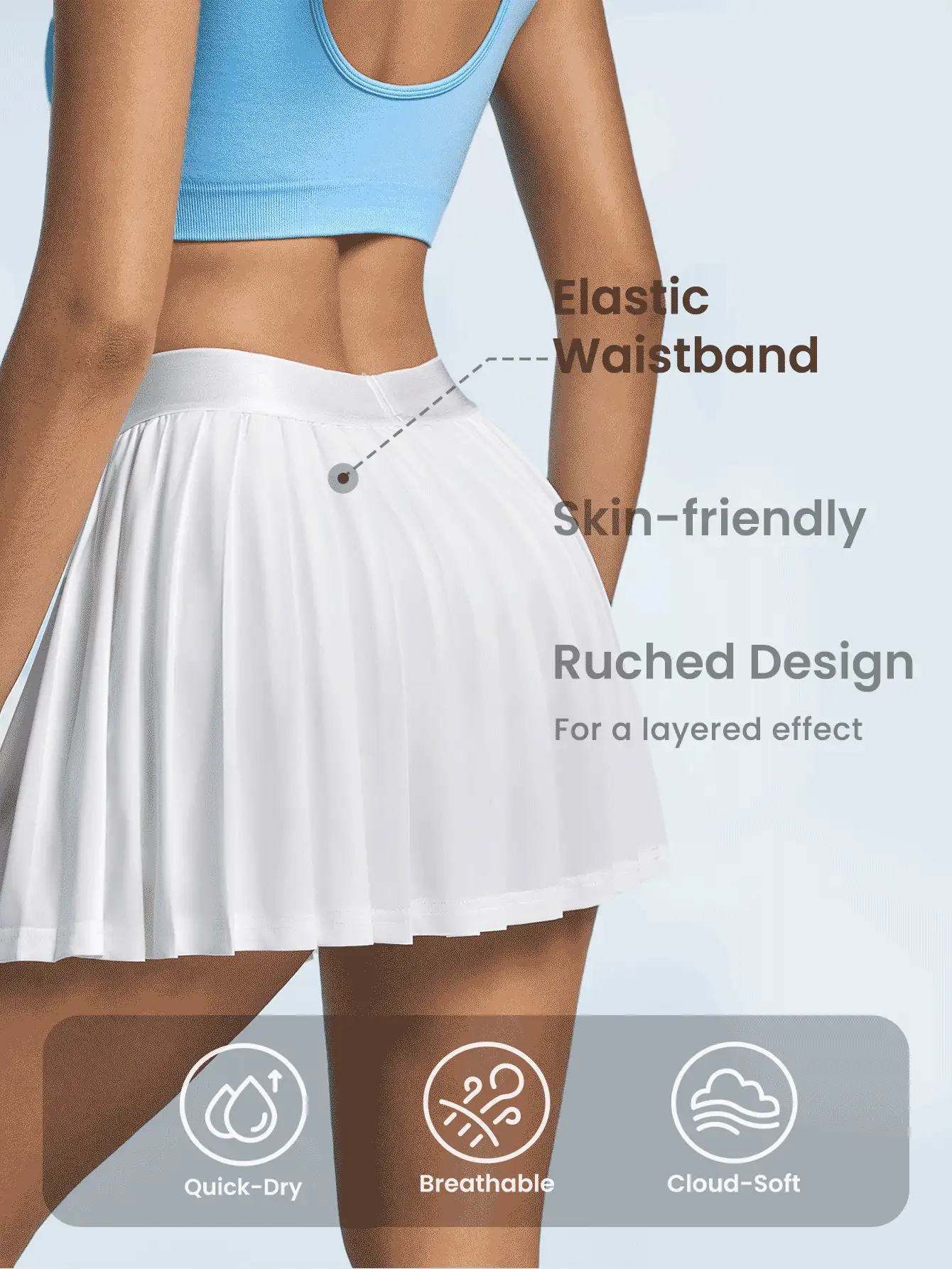 CourtClass 白色高光彈性腰部褶皺裙，夏季女性網球裝 - 白色 - 查看 2