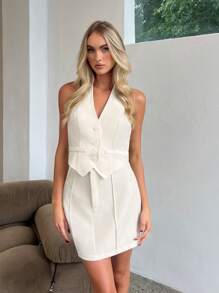 Aloruh Women's Summer Elegant Commuting Daily Casual Simple Basics Versatile Fashion Solid Color Vest Shirt + Skirt Set White Two-Piece Set - White - View 1