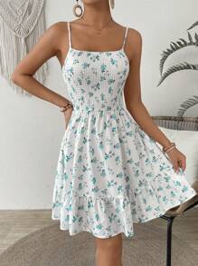 SHEIN VCAY Women's Summer Ruffle Shirred A-Line Spaghetti Strap Floral Dress - Green - View 3