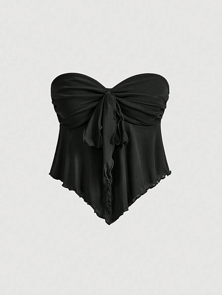 SHEIN MOD Áo quây lưới viền chữ V có thắt lưng nơ dành cho nữ - màu đen - Xem 1