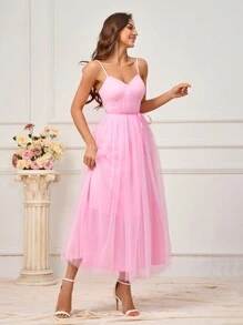 SHEIN Belle 淺粉色網紗浪漫度假連身裙 - 粉色 - 查看 3