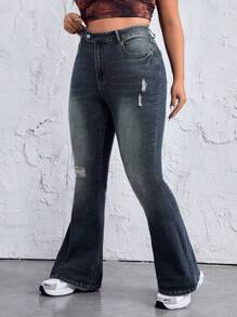 SHEIN EZwear Quần jean ống loe cỡ lớn thông thường với thiết kế đau khổ và giặt sạch - Màu xanh lam - Xem 6