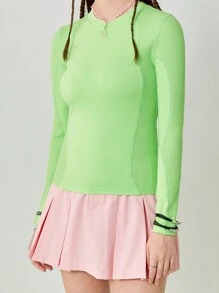 SHEINNeu Women's Casual Sports Round Neck Knitted Green Tight Long Sleeve T-Shirt - Green - View 3