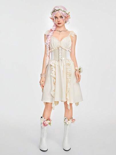 Fairycore Vestido de mujer estilo floral de verano con encaje con ribete de volantes en el dobladillo