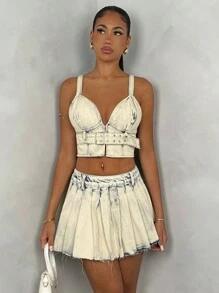 SHEIN BAE Vintage Blue Pleated Denim Mini Skirt&Summer&Festival&Summer&Country Concert&Rave Festival - Blue - View 3