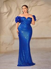 SHEIN Belle Plus Size Blue Sequin Spliced Organza Puff Sleeve Queen Anne Neckline Elegant Formal Evening Dress Prom Wedding Guest Gown, For Graduation, Dinner Party Dress - Blue - View 4