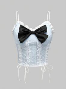 ROMWE Kawaii 女士蕾絲拼接荷葉邊蝴蝶裝飾色塊復古背心 - 藍色 - 查看 1