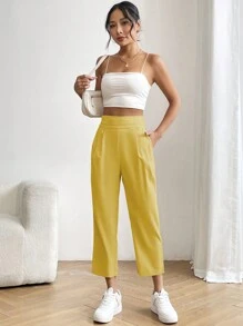 SHEIN LUNE Women's Solid Color Simple Daily Trousers - Yellow - View 4