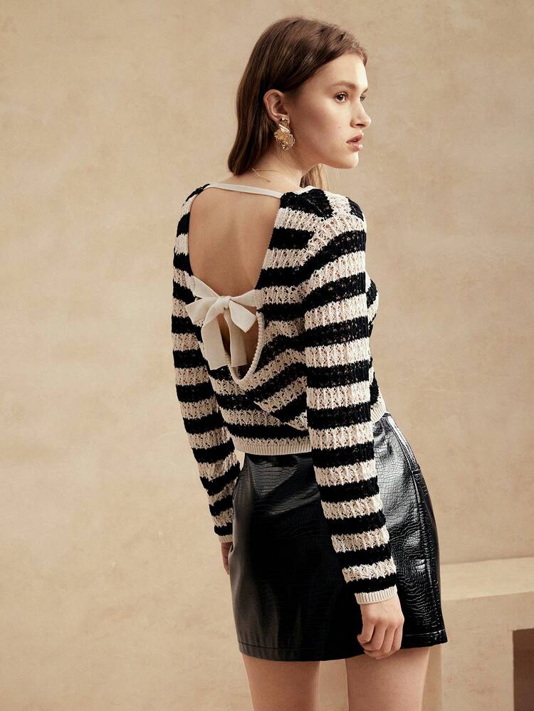 Suéter de Tricô Branco e Bege Patchwork com Costas Abertas em Crochê 3D, Tricô Pullover de Outono e Inverno