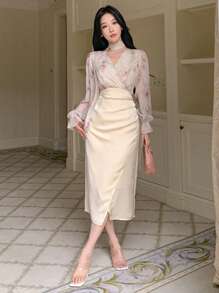 DAZY Đầm cổ chữ V phối nhiều màu sắc dành cho nữ, đầm dự tiệc Homecoming, đầm sinh nhật, đầm dạ hội đêm giao thừa, đầm thu, đầm dài tay, đầm thanh lịch cho nữ, đầm lễ Phục sinh. - Màu be - Xem 1