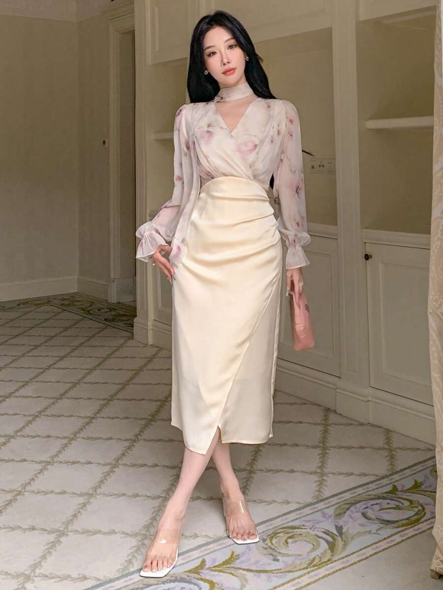 DAZY Đầm cổ chữ V phối nhiều màu sắc dành cho nữ, đầm dự tiệc Homecoming, đầm sinh nhật, đầm dạ hội đêm giao thừa, đầm thu, đầm dài tay, đầm thanh lịch cho nữ, đầm lễ Phục sinh. - Màu be - Xem 1