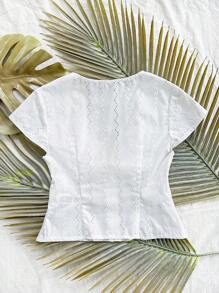 Soleia WYWH Vacation Women's Leisure Seaside Beach Vacation Spliced Lace Embroidered V-Neck Shirt