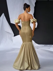 SHEIN Belle Women's Gorgeous Off-Shoulder Puff Sleeve Dress With Metallic Fabric & Satin Material Splicing, Mermaid Style Evening Gown - Gold - View 2