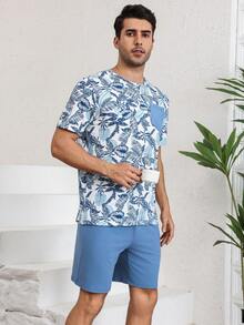 Conjunto de ropa cómoda impresa de moda para hombre para estar en casa y para vestir informal - Azul - Ver 8