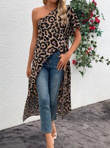 SHEIN Clasi Women's Short Front Long Back Hem Leopard Print Asymmetrical Neck One Shoulder Summer Blouse