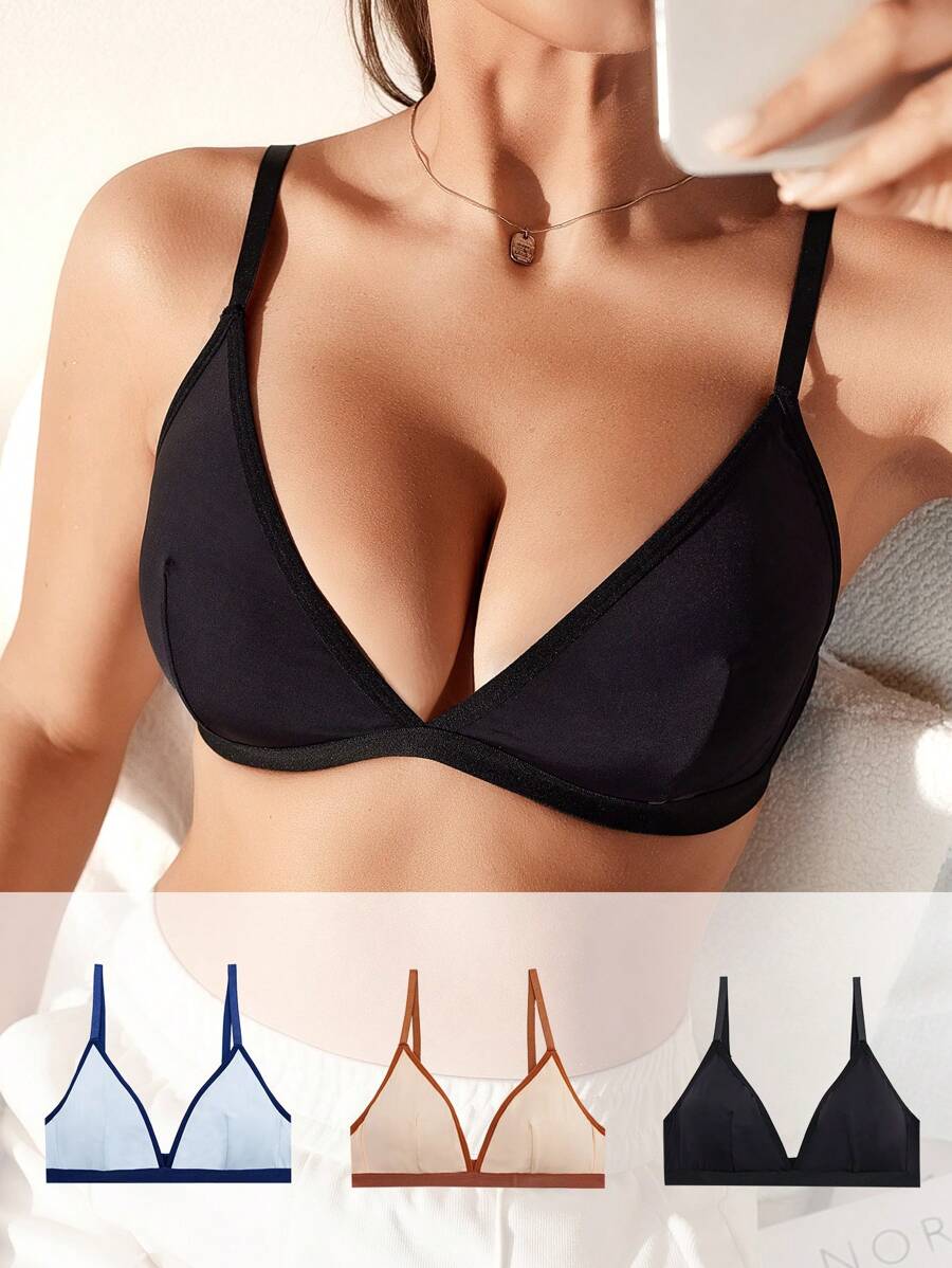 Ladies' Contrast Trim Simple Daily Wear Bra ,3 Pcs - Multicolor - View 1