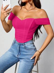 SHEIN PETITE 女士簡約純色露肩日常上衣