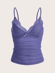 SHEIN ICON Top de cami Y2k con encaje a contraste y lazo delantero - Agua verde azul - Ver 1