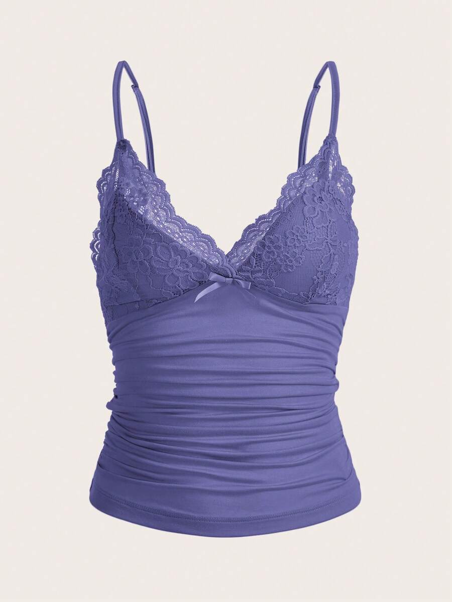SHEIN ICON Top de cami Y2k con encaje a contraste y lazo delantero - Agua verde azul - Ver 1