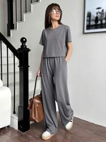 SHEIN Conjunto casual de dos piezas para niña adolescente, camiseta de manga corta y jersey de punto de unicolor con bolsillos inclinados y pantalones largos con cordón - Gris - Ver 5