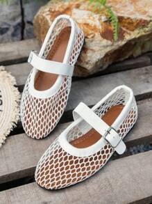 Giày ba lê đế bằng ren mũi tròn thoáng khí màu trắng cho nữ, đi giày lưới câu cá Mary Jane rỗng cho bà bầu, giày mẹ - trắng - Xem 6